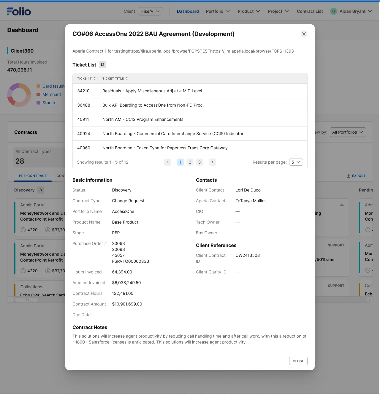 A contract detail dialog with a ticket list, basic information, and contract notes