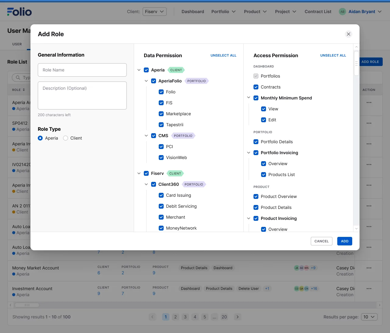 A form for adding a new role, with a permission tree by Client, Portfolio, and Product, and a list of action permissions