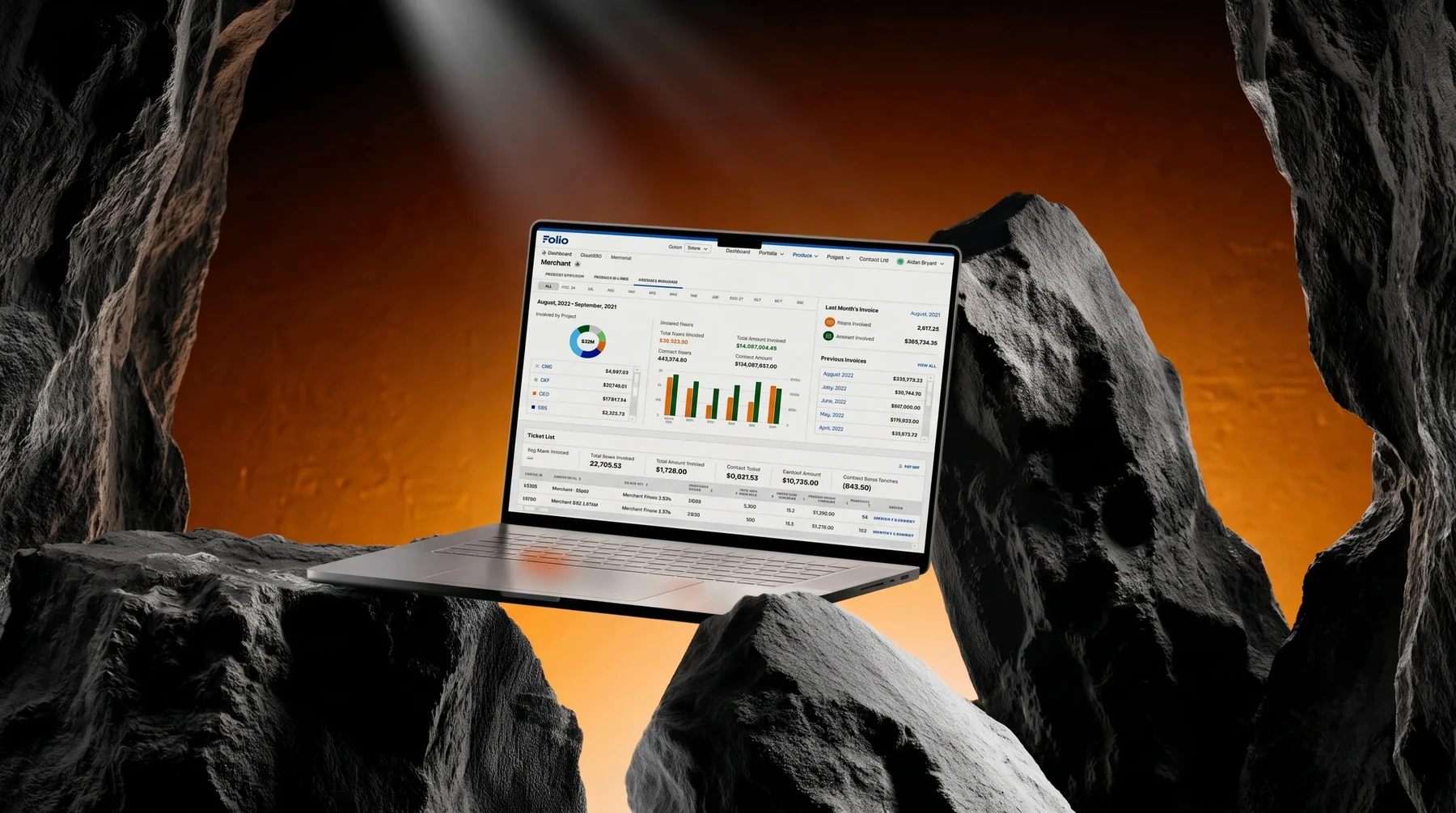 A laptop showing the Folio dashboard, set between canyon rocks with warm backlight