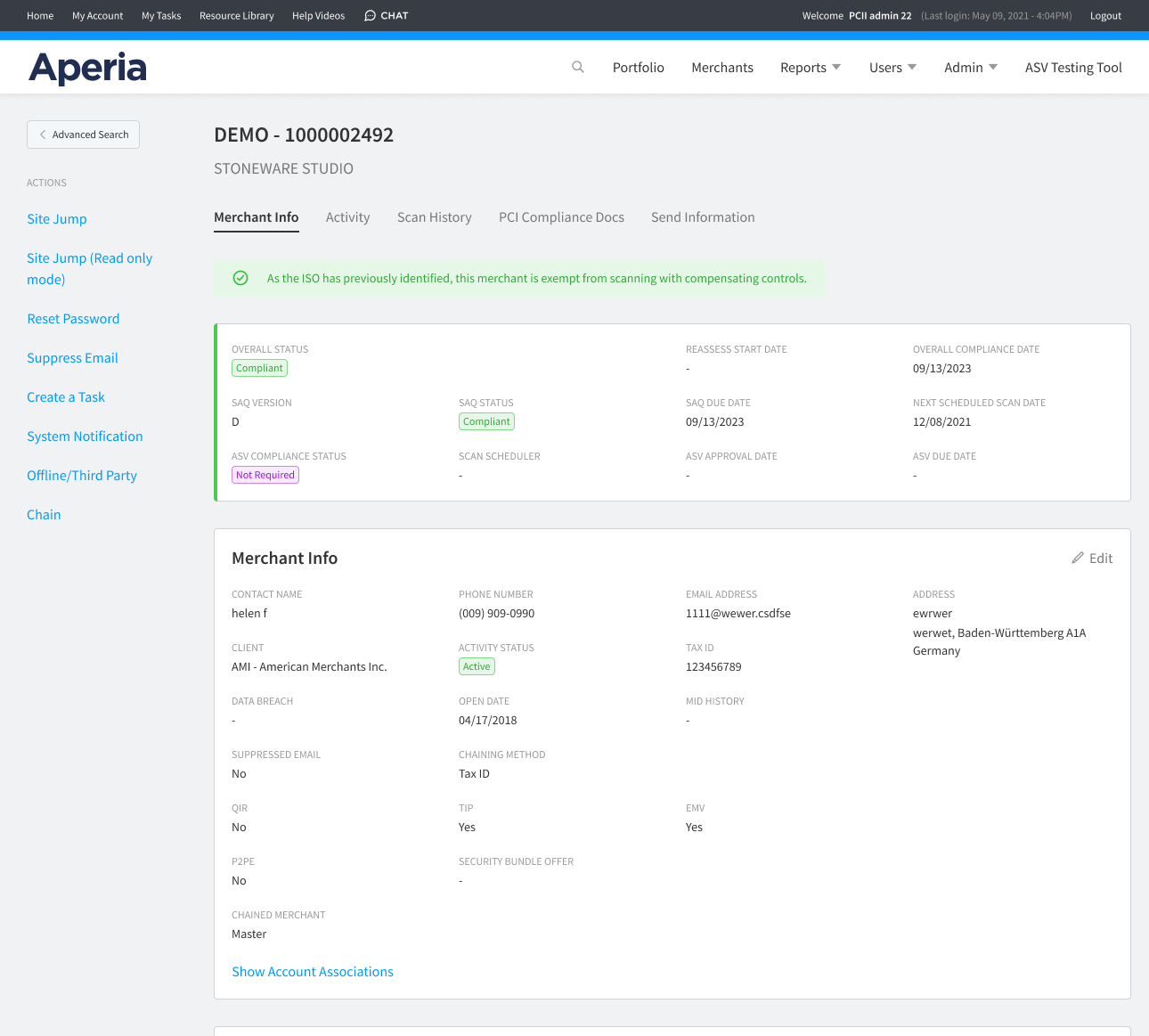 Legacy Aperia merchant detail page: a dense grid of unlabeled fields covering SAQ version, SAQ status, ASV compliance status and scan schedule