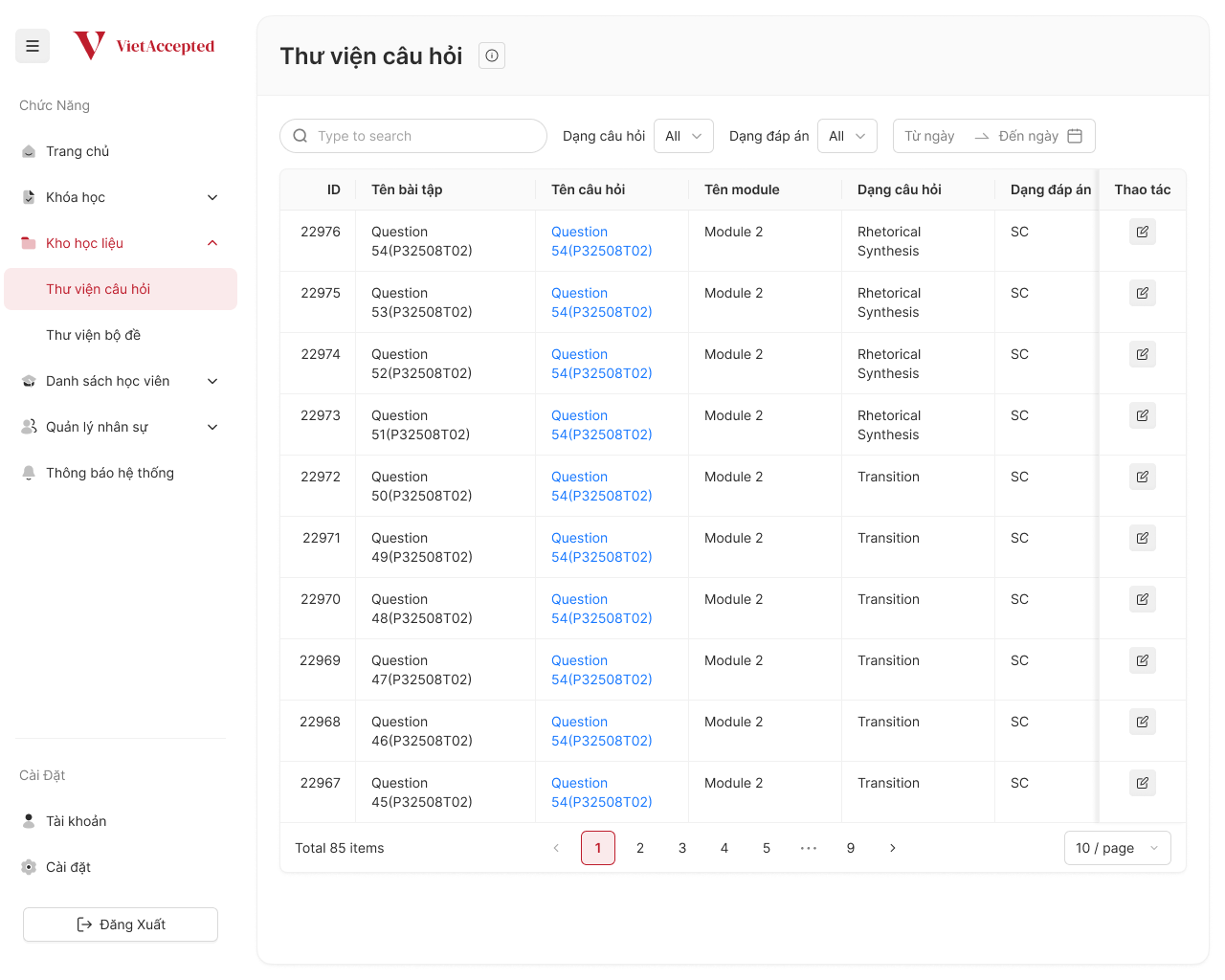 Admin question library table showing each question's assignment, module and question type