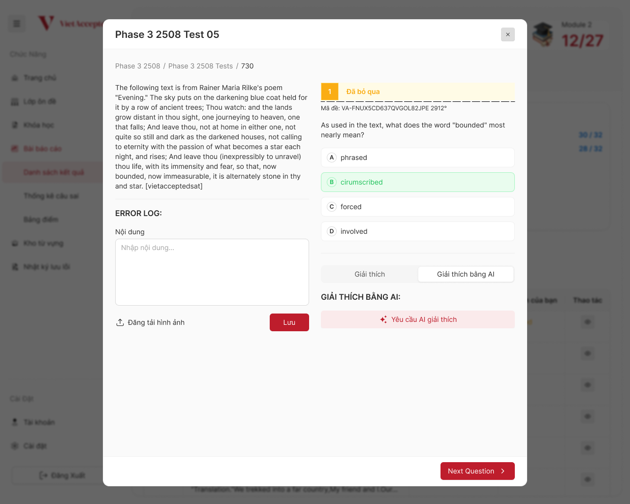 Question screen with the Explain with AI tab open and a button to request an AI explanation of the correct answer