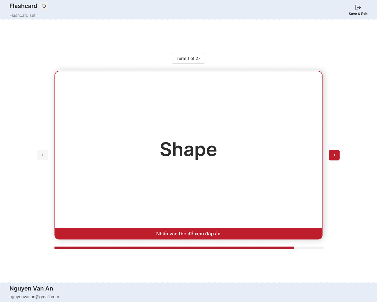 Flashcard view showing one term at a time, with a progress bar and a prompt to tap the card to reveal the answer